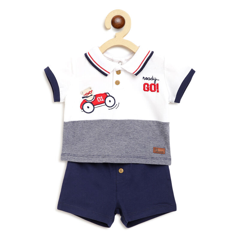 Boys Medium Blue Printed 2 Pc Set Polo with Short Trouser image number null